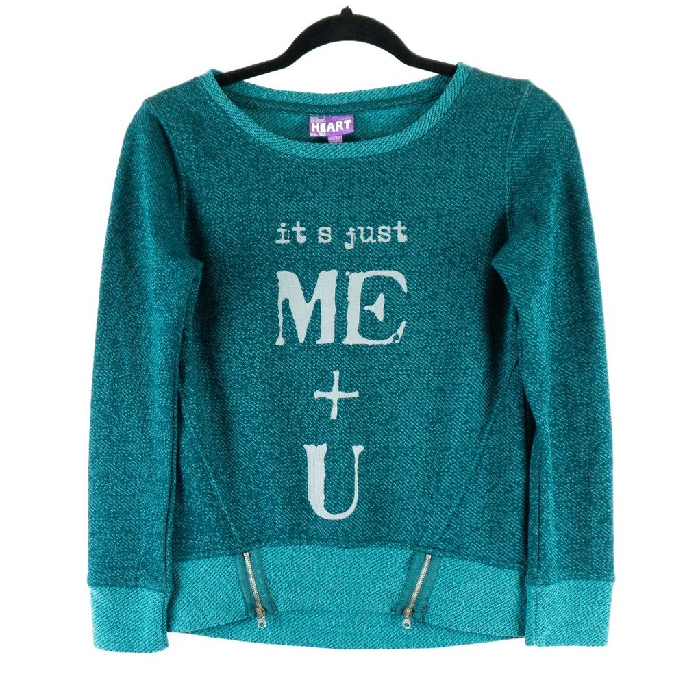 Purple Heart “Me + U” Teal Graphic Sweater - XS